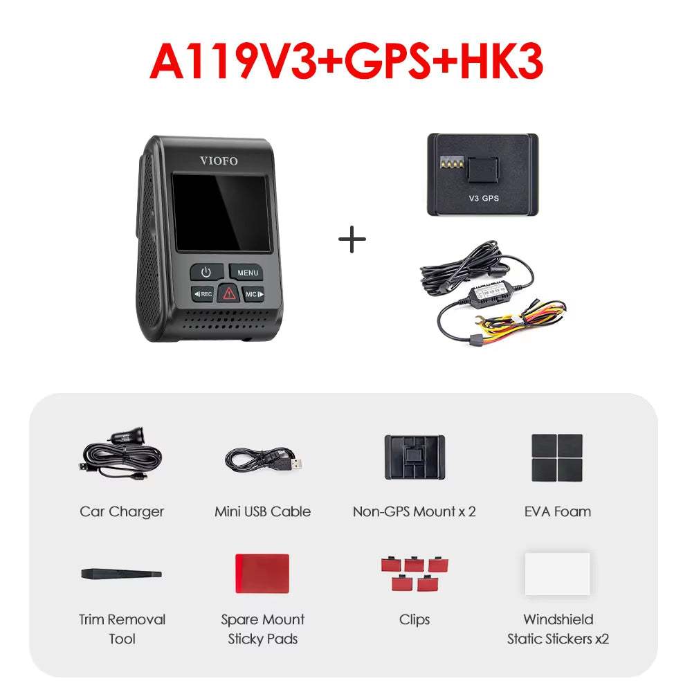 A119 V3 car dash cam with optional GPS and accessories displayed.