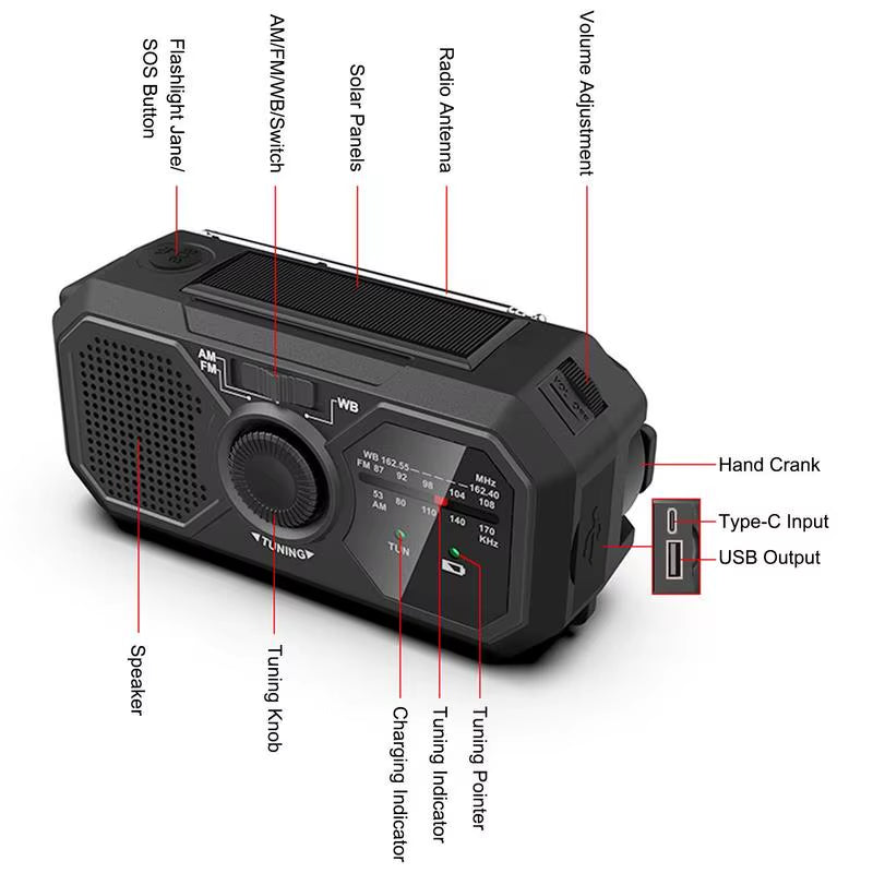 Hand-Cranked Lighting Radio Durable Solar Powered Hand-Cranked Radio Wind up Solar Radio for Outdoor Camping Survival Tool