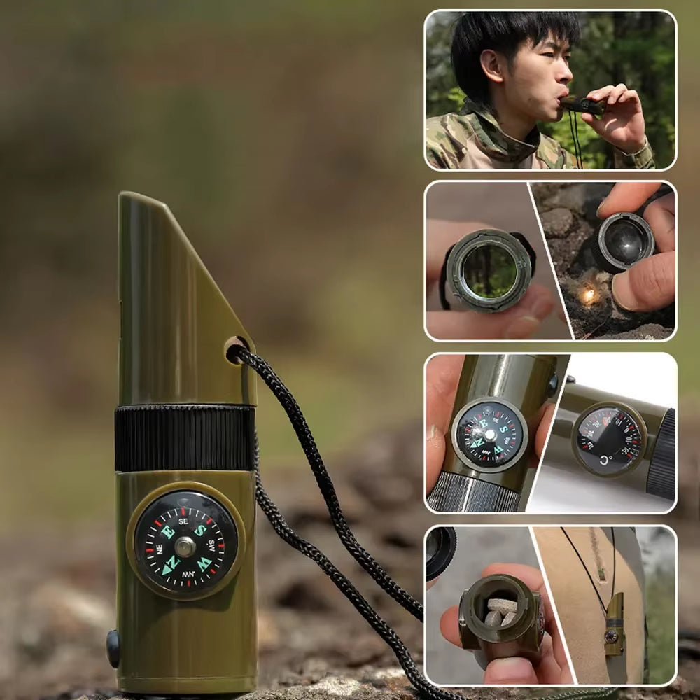 7 in 1 Jungle Survival Whistle Hiking Whistle Compass Mirror Flashlight Magnifier LED Light Thermometer Storage Compass Tool
