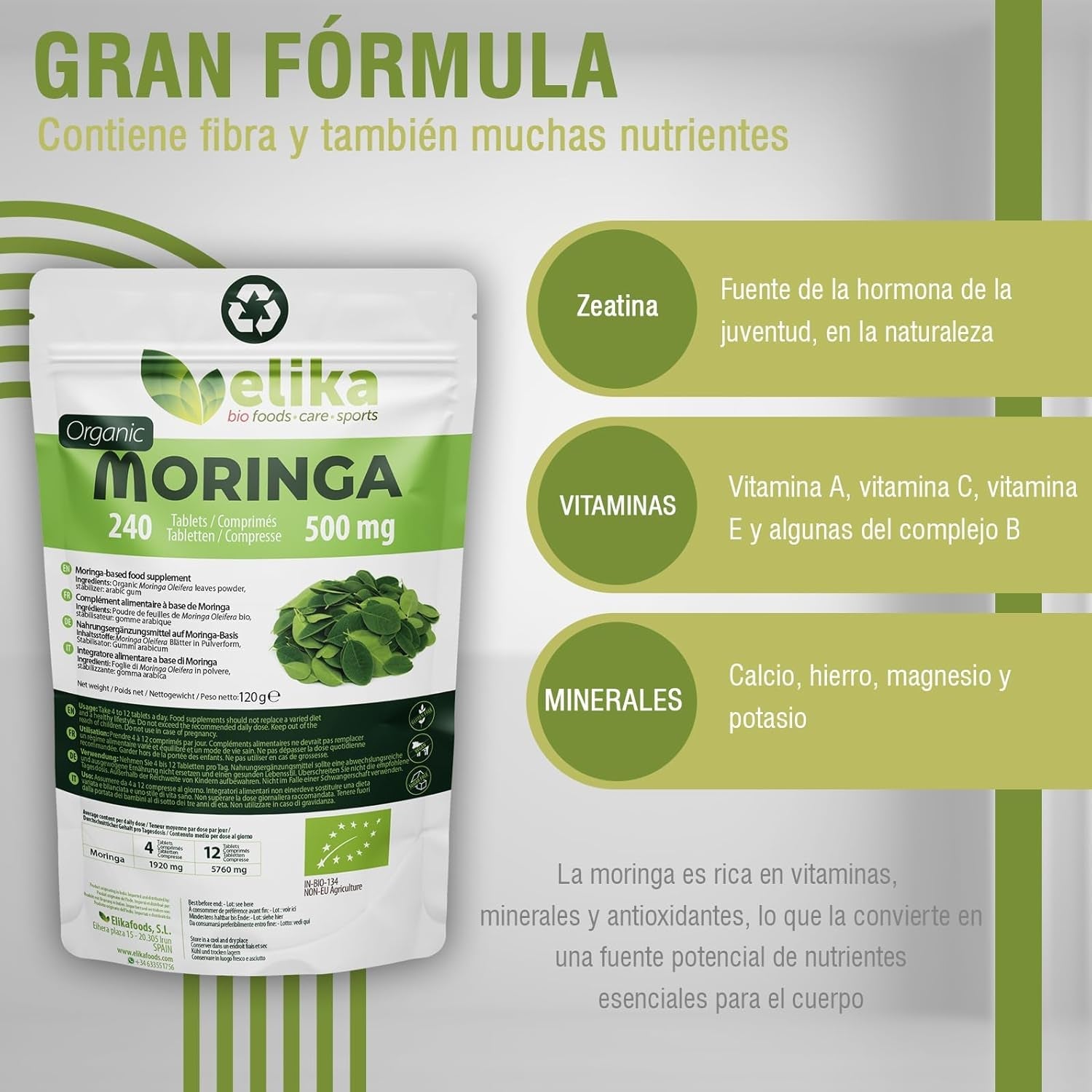 Moringa Oleifera ® ORGÁNICA. 240 Comprimidos 500 Mg. Superfood Natural: Vitaminas, Proteínas, Minerales, Antioxidantes. Energizante Natural. Vegana, Sin Gluten Y Libre De Aditivos.