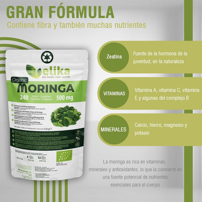 Moringa Oleifera ® ORGÁNICA. 240 Comprimidos 500 Mg. Superfood Natural: Vitaminas, Proteínas, Minerales, Antioxidantes. Energizante Natural. Vegana, Sin Gluten Y Libre De Aditivos.