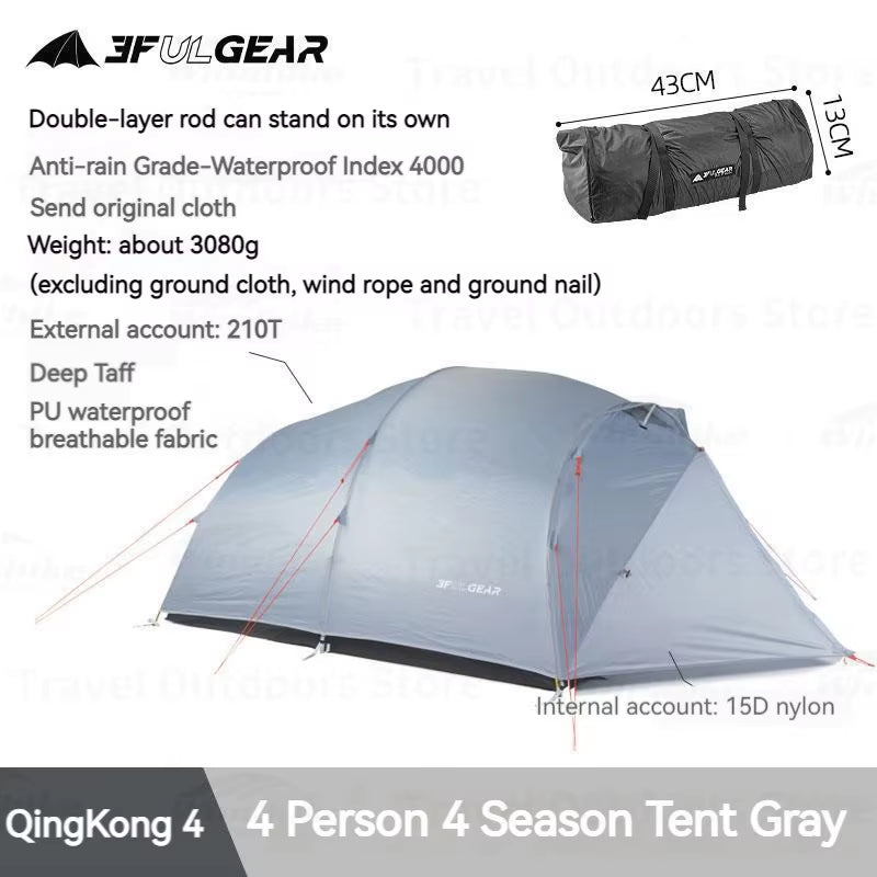 Qingkong 4 Camping Tent Ultralight Portable 15D/210T Large Space 3/4 Season 4 People Tent Outdoor Travel Hiking Tents
