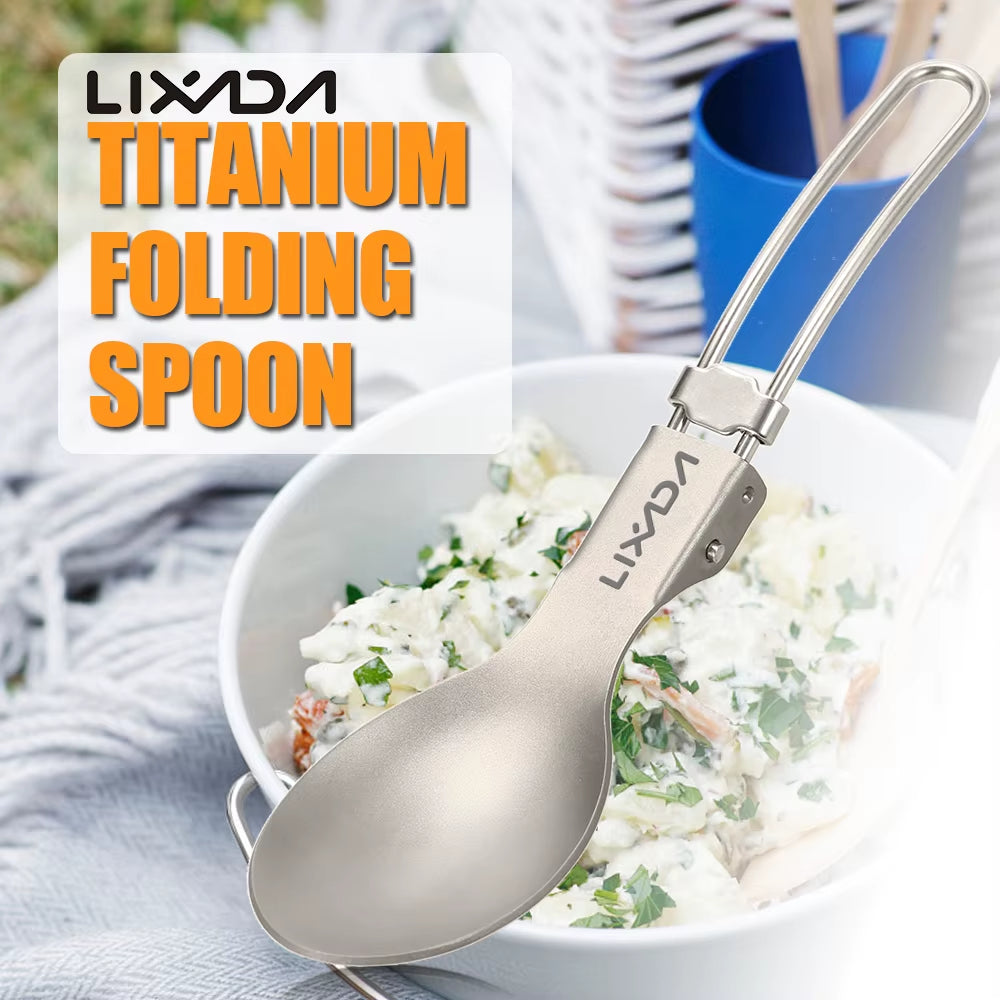 Lixada Titanium Folding Spoon Spork Outdoor Tableware Outdoor Camping Cookware Lightweight Folded Flatware for Camping Picnic