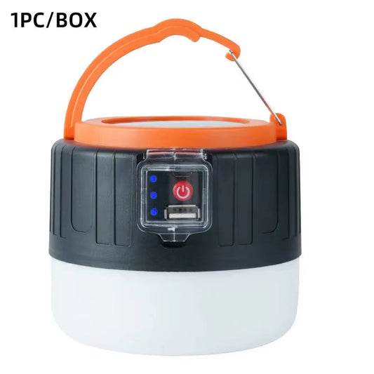 Outdoor solar LED camping lamp with USB rechargeability, portable lantern for tents and emergencies.