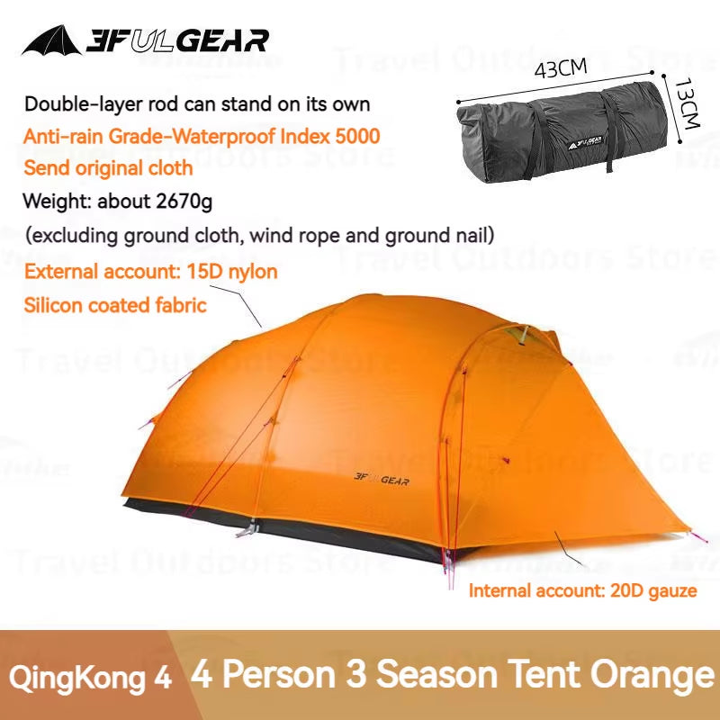 Qingkong 4 Camping Tent Ultralight Portable 15D/210T Large Space 3/4 Season 4 People Tent Outdoor Travel Hiking Tents