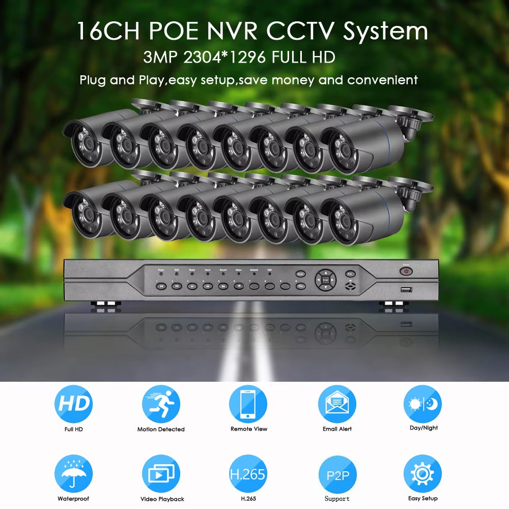 H.265 16CH POE NVR Kit 3MP CCTV Camera System 3MP Outdoor Waterproof Audio IP Camera POE Security Video Surveillance Set
