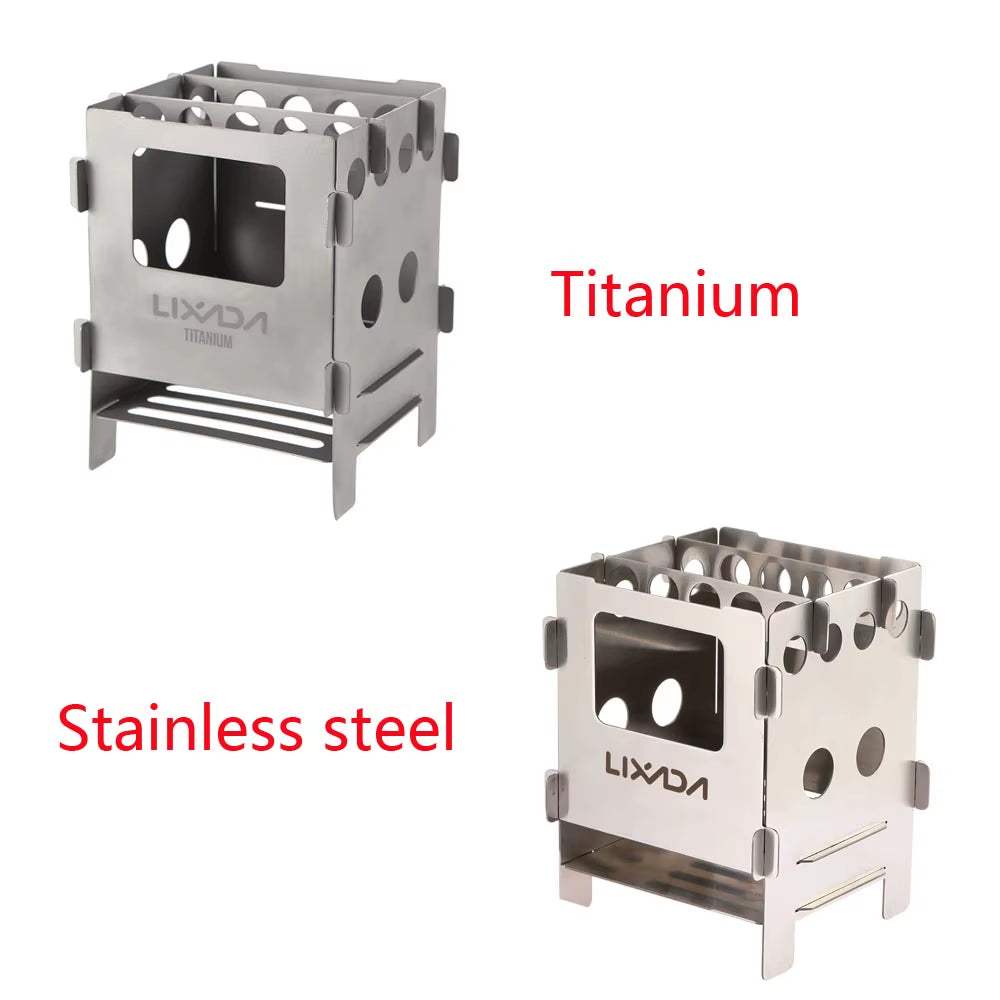 Lightweight folding titanium and stainless steel wood stoves for outdoor camping and cooking.