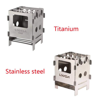 Lightweight folding titanium and stainless steel wood stoves for outdoor camping and cooking.