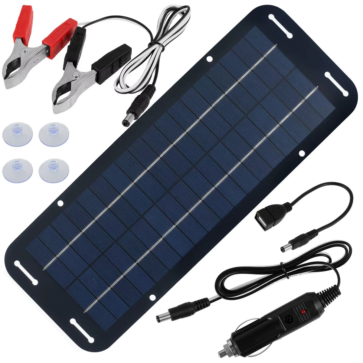 12V IP65 solar panel kit with accessories including suction cups, car charger, dual head clamp, and USB cable for outdoor charging.