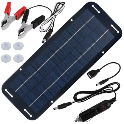 12V IP65 solar panel kit with accessories including suction cups, car charger, dual head clamp, and USB cable for outdoor charging.
