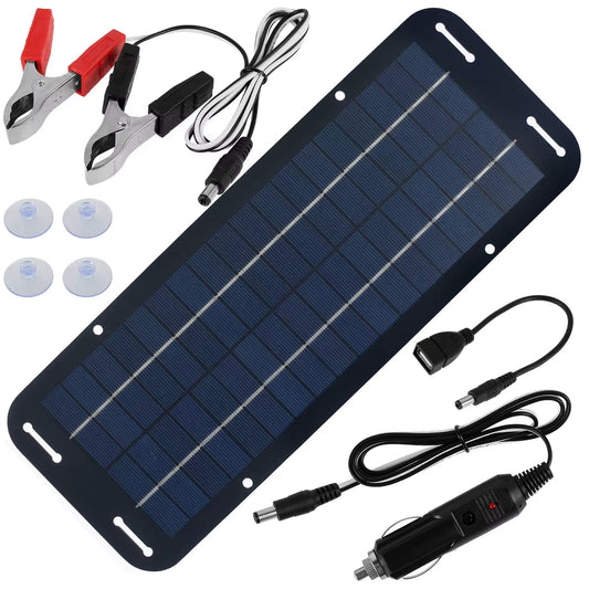 12V IP65 solar panel kit with accessories including suction cups, car charger, dual head clamp, and USB cable for outdoor charging.