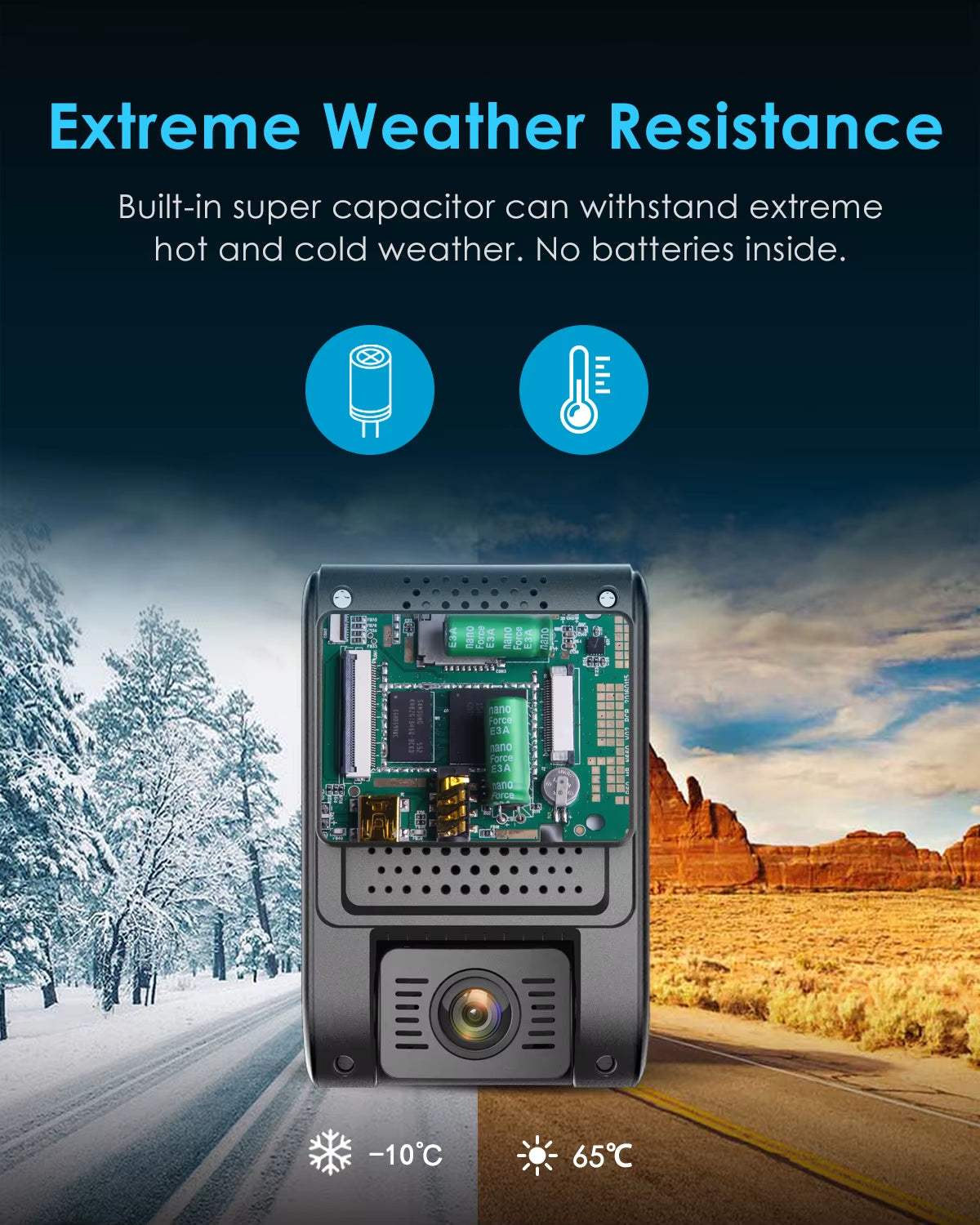 A119 V3 car dash cam with extreme weather resistance, featuring a built-in super capacitor for stable performance in temperatures from -10°C to 65°C.
