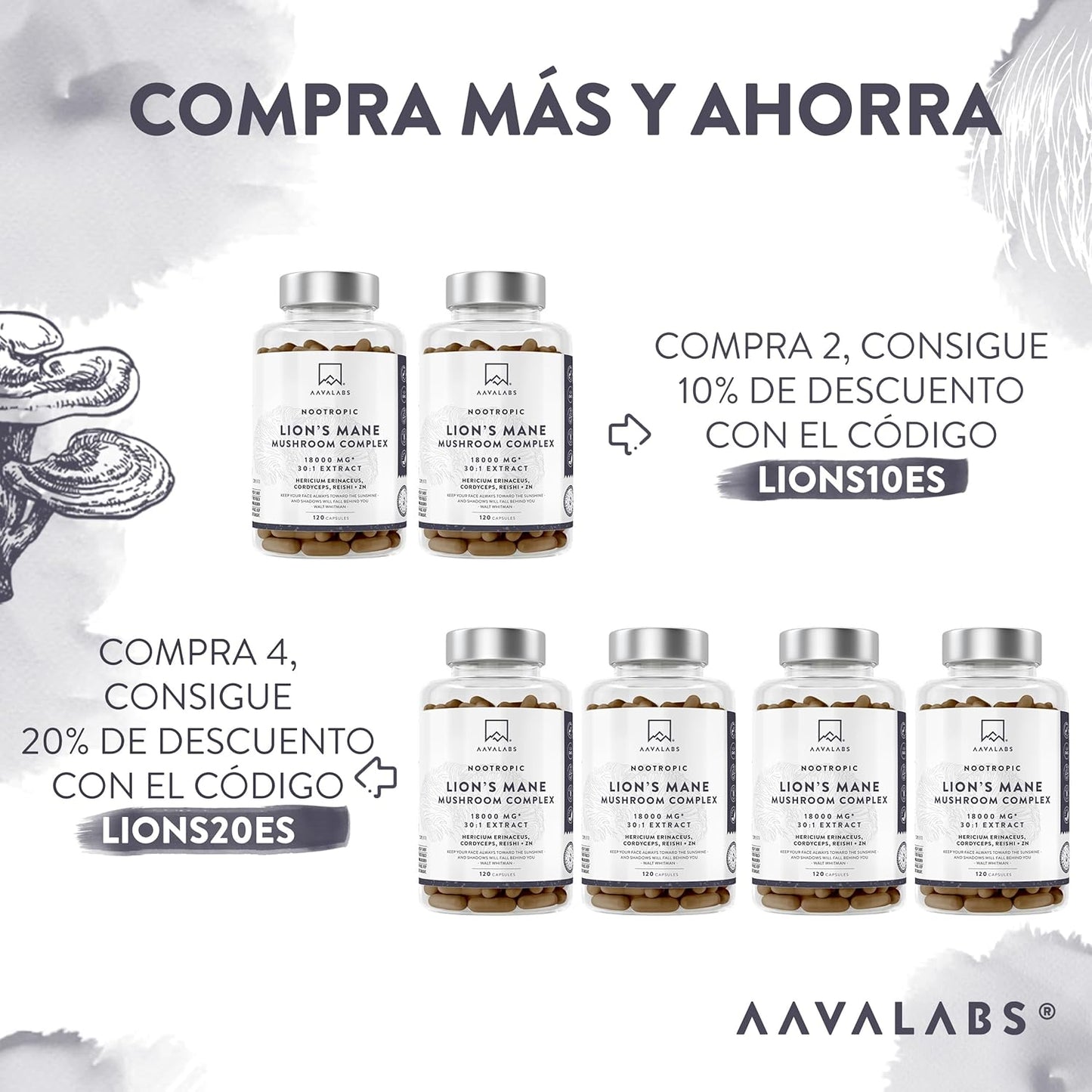 Melena De Leon 18,000Mg (30:1) + Zinc, Reishi & Cordyceps - Alta Potencia Lions Mane Mushroom Pastillas -120 Melena De Leon Capsulas - Nootropicos