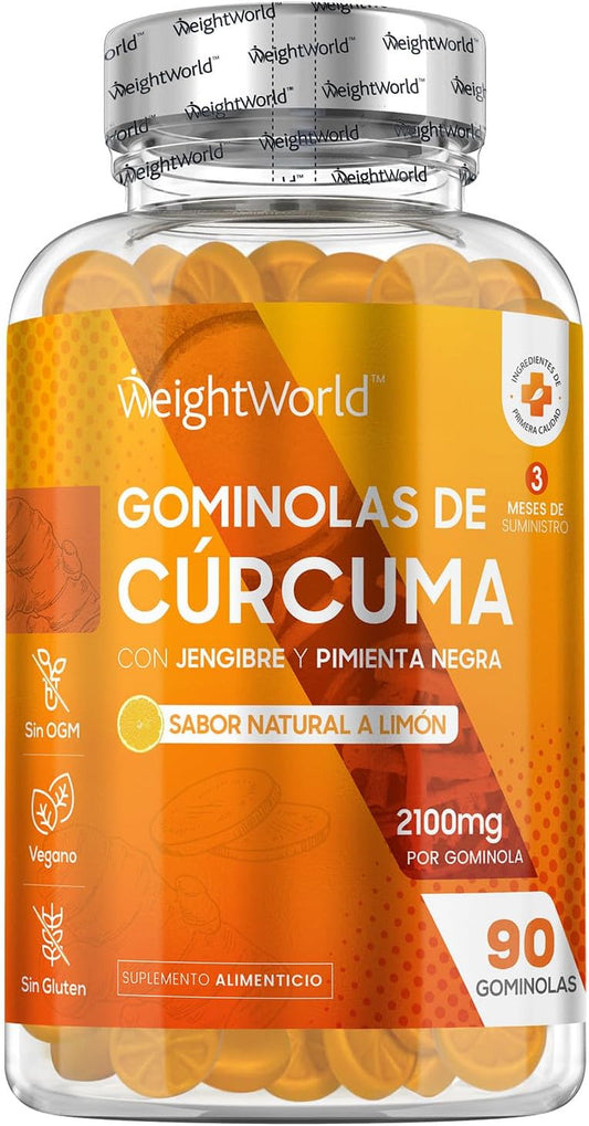 Vegan turmeric gummies with ginger and black pepper, lemon flavor, gluten-free, 90 pieces.