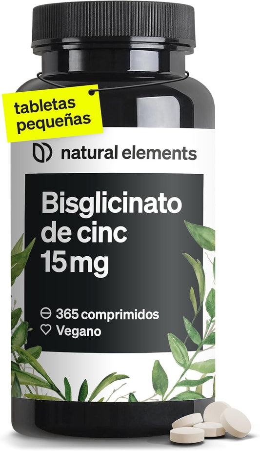 Bisglicinato de zinc 15 mg, 365 tabletas veganas de alta biodisponibilidad sin aditivos.