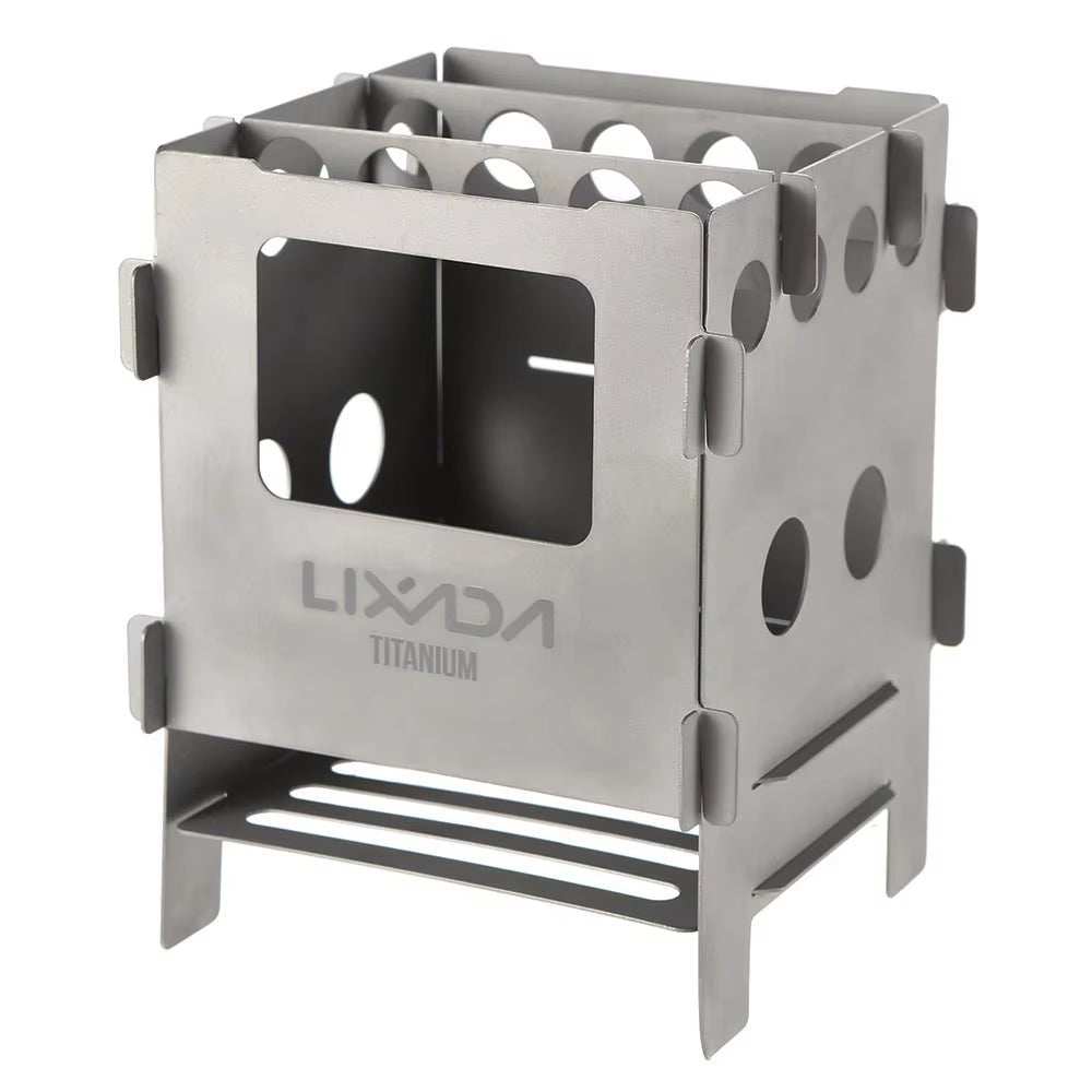 Lightweight titanium stainless steel wood stove for camping and backpacking, foldable and durable design.