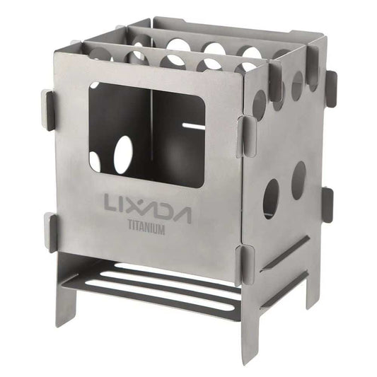 Lightweight titanium stainless steel wood stove for camping and backpacking, foldable and durable design.