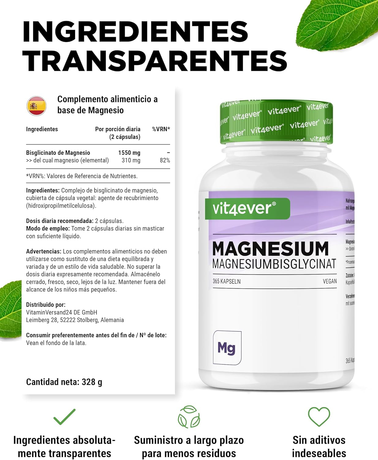 Bisglicinato De Magnesio - 365 Cápsulas - Premium: Magnesio Quelado - 155 Mg De Magnesio Elemental Por Cápsula - Vegano - Fórmula De Alta Dosis