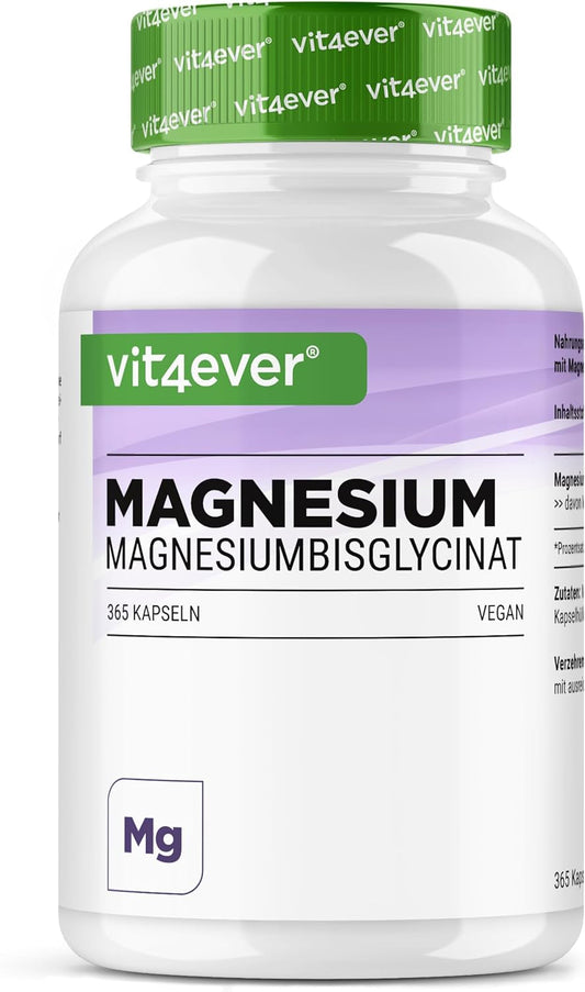 Bisglicinato De Magnesio 365 cápsulas veganas alta dosis, magnesio quelado 155 mg por cápsula.