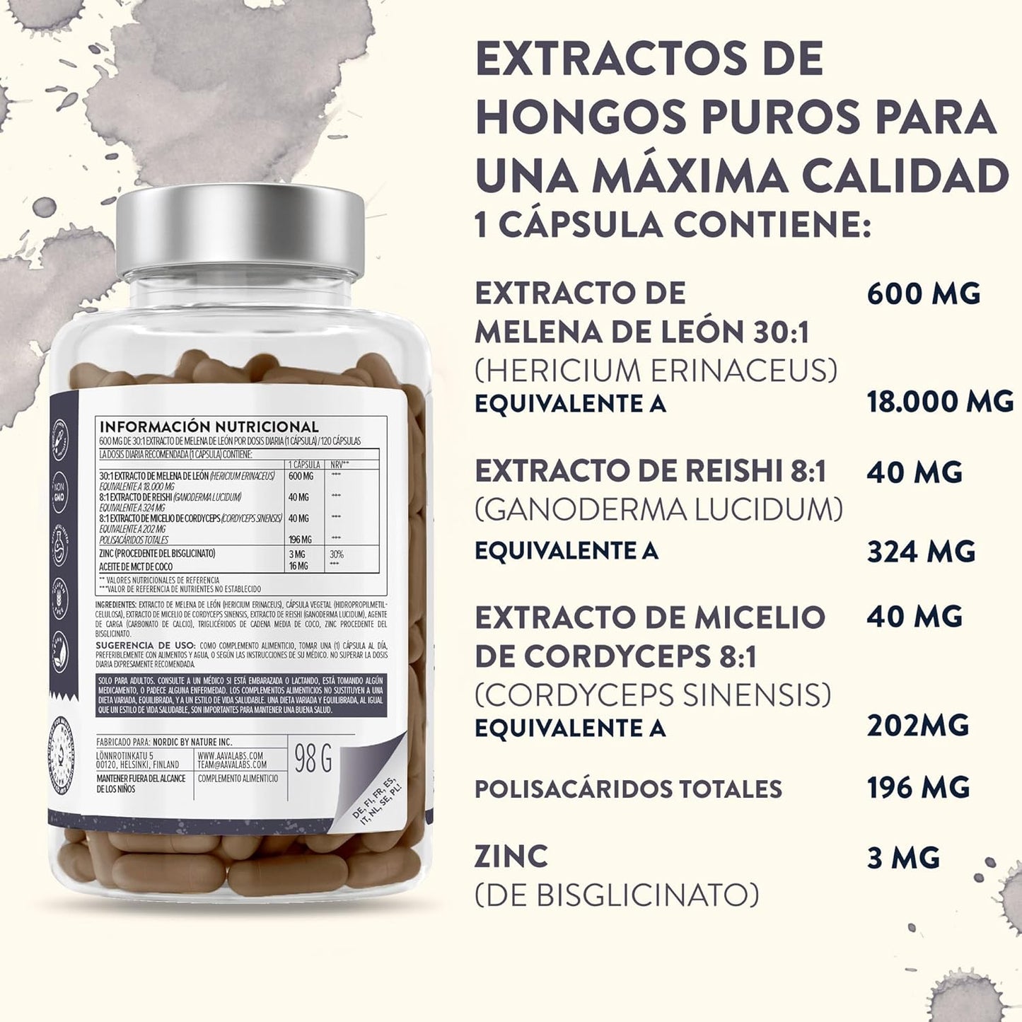 Melena De Leon 18,000Mg (30:1) + Zinc, Reishi & Cordyceps - Alta Potencia Lions Mane Mushroom Pastillas -120 Melena De Leon Capsulas - Nootropicos