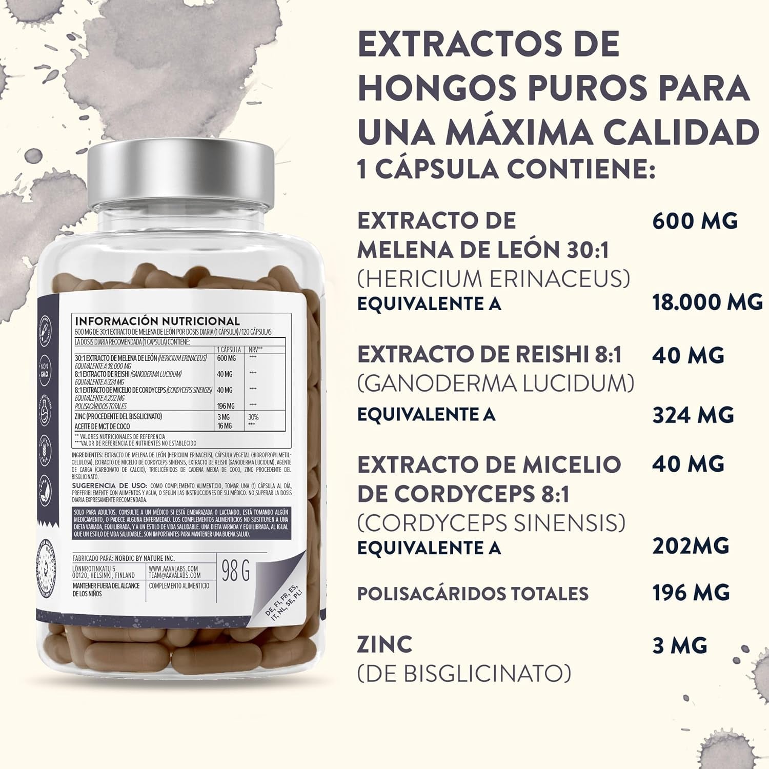 Melena De Leon 18,000Mg (30:1) + Zinc, Reishi & Cordyceps - Alta Potencia Lions Mane Mushroom Pastillas -120 Melena De Leon Capsulas - Nootropicos