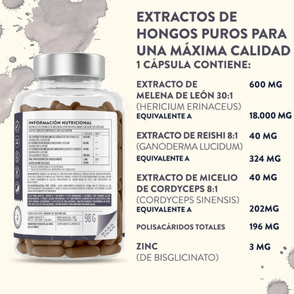 Melena De Leon 18,000Mg (30:1) + Zinc, Reishi & Cordyceps - Alta Potencia Lions Mane Mushroom Pastillas -120 Melena De Leon Capsulas - Nootropicos