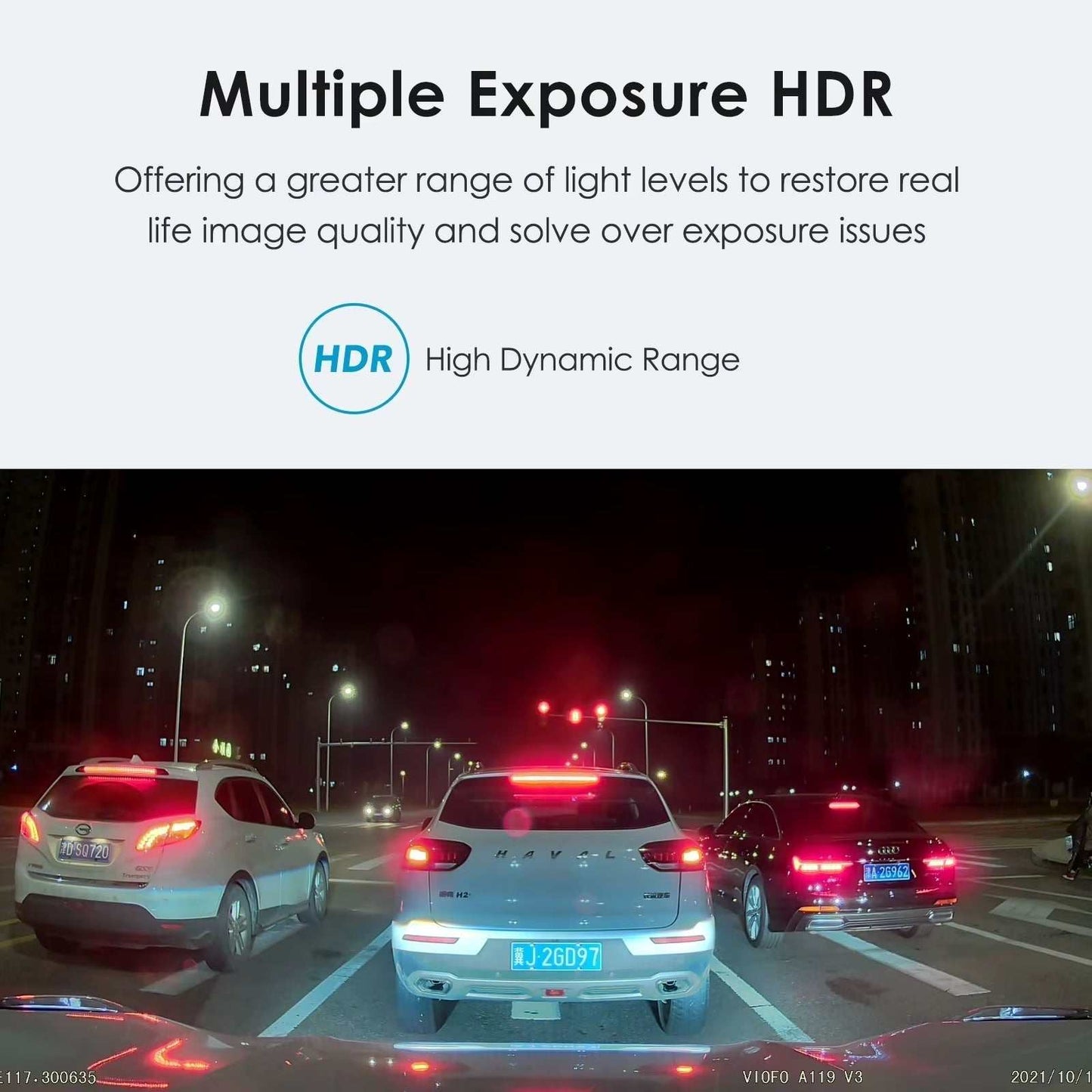 Car dash cam displaying multiple exposure HDR for enhanced night vision and reduced overexposure.