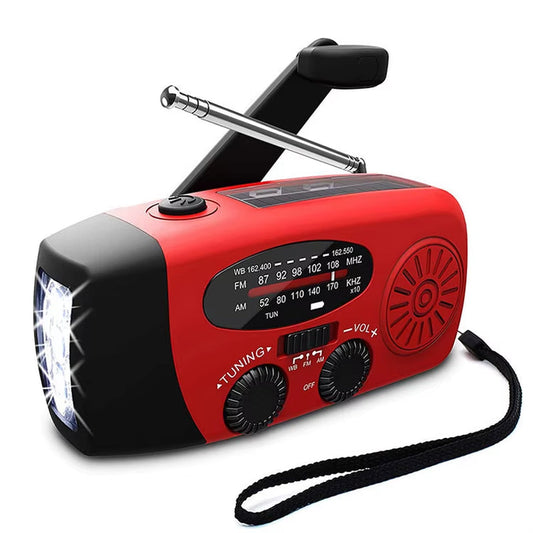 Emergency LED flashlight with hand crank, AM/FM/NOAA radio, and power bank in red.