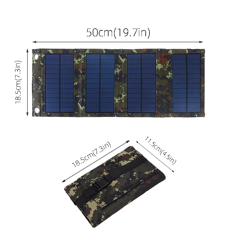 50W portable solar panel folding bag, camo design, lightweight, waterproof, for outdoor use.