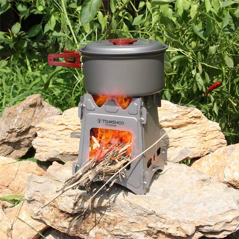 Camping Equipment Titanium Wood Stove Outdoor Cookware Tableware Set Hiking Picnic Backpacking Camping Pot Pan Mug Set