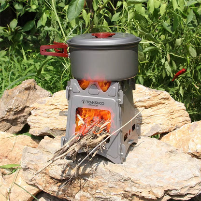 Camping Equipment Titanium Wood Stove Outdoor Cookware Tableware Set Hiking Picnic Backpacking Camping Pot Pan Mug Set