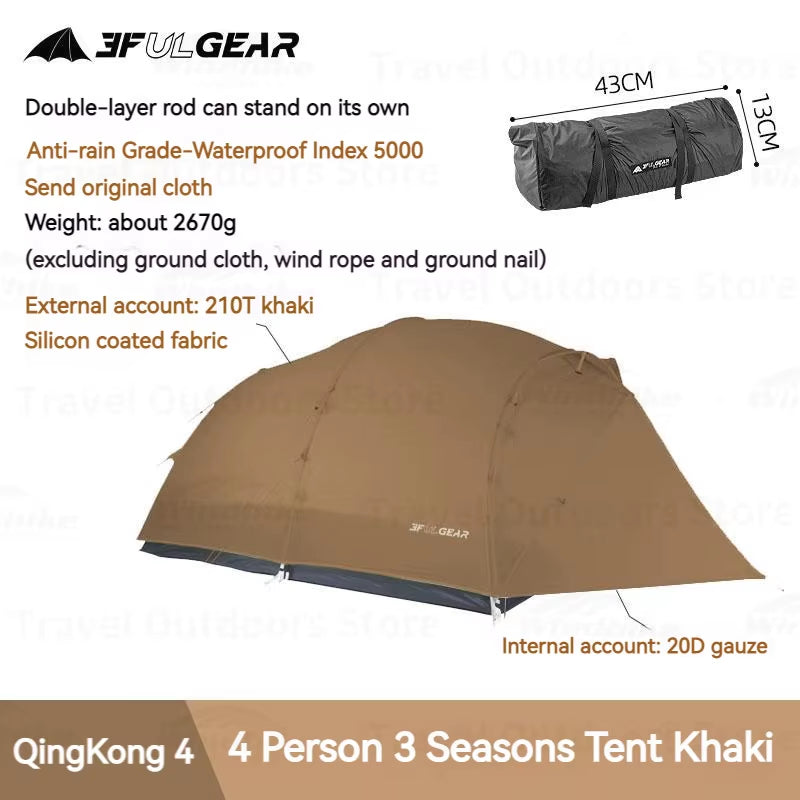 Qingkong 4 Camping Tent Ultralight Portable 15D/210T Large Space 3/4 Season 4 People Tent Outdoor Travel Hiking Tents