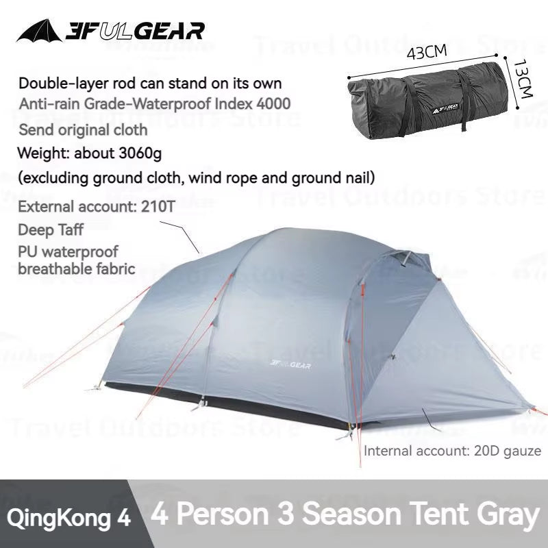 Qingkong 4 Camping Tent Ultralight Portable 15D/210T Large Space 3/4 Season 4 People Tent Outdoor Travel Hiking Tents