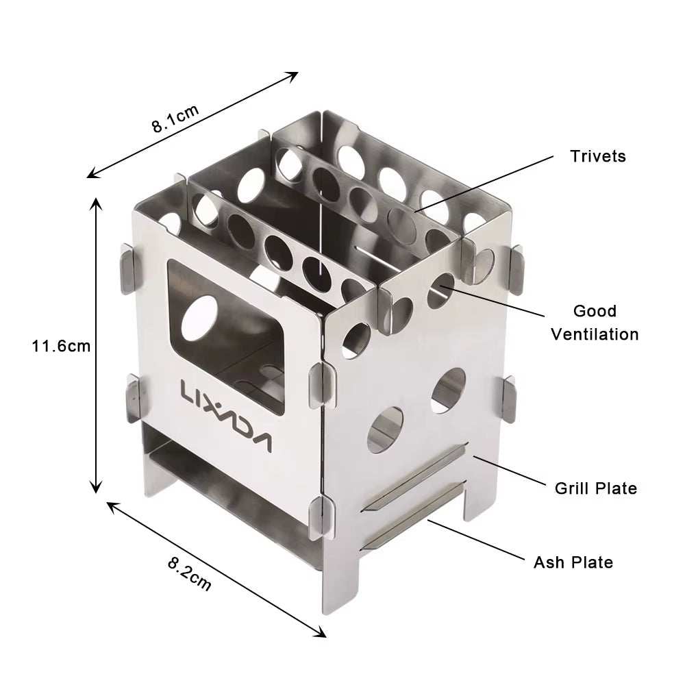 Lightweight titanium and stainless steel wood stove with foldable design for outdoor camping and backpacking.