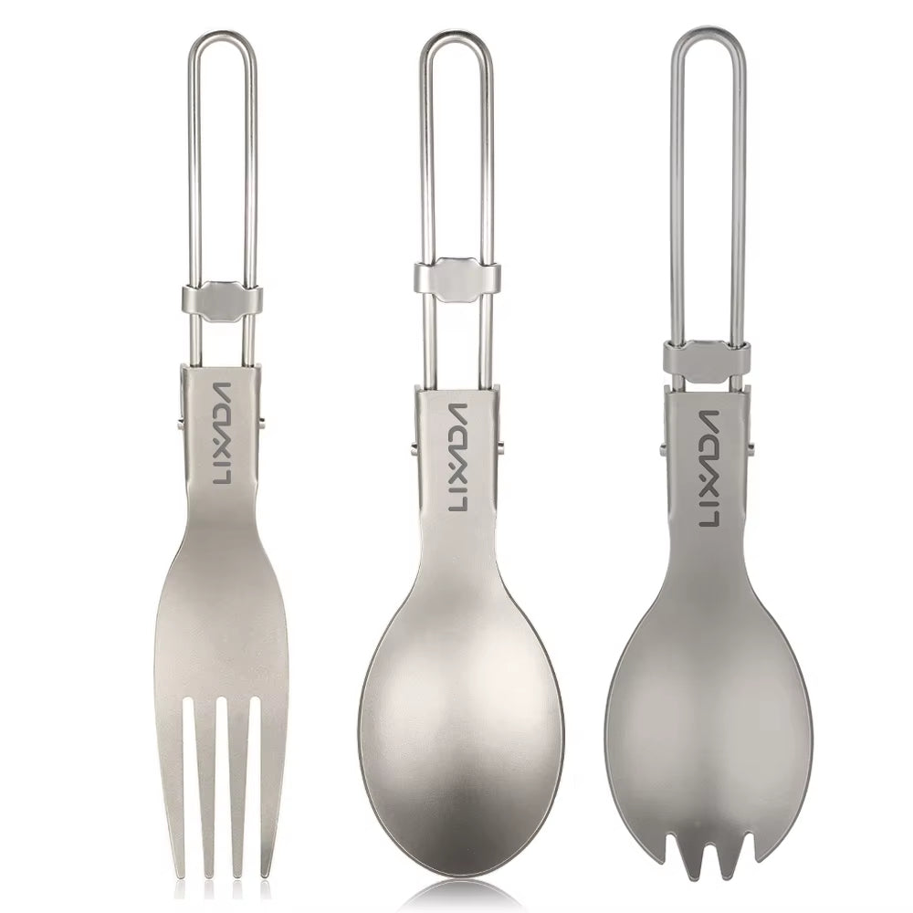 Lixada Titanium Folding Spoon Spork Outdoor Tableware Outdoor Camping Cookware Lightweight Folded Flatware for Camping Picnic