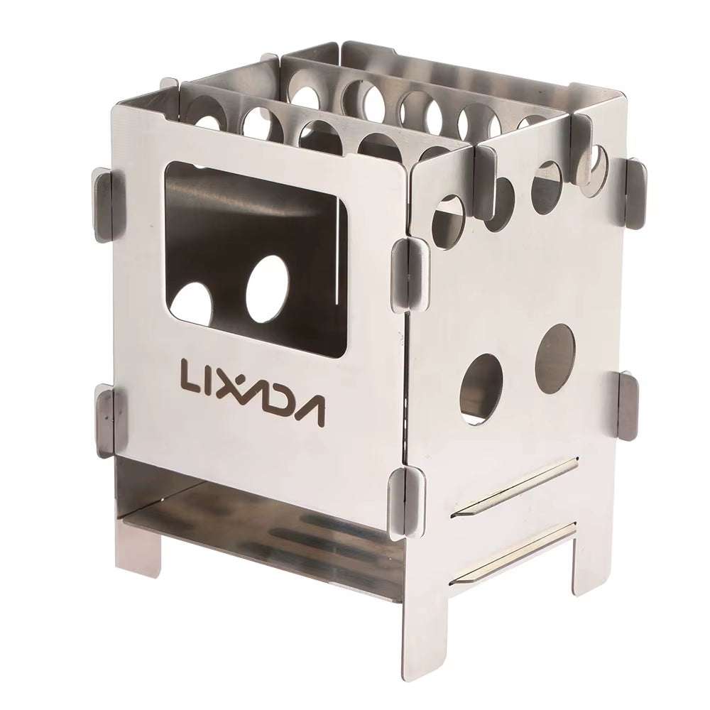 Lightweight folding wood stove made of titanium and stainless steel for outdoor camping and backpacking.