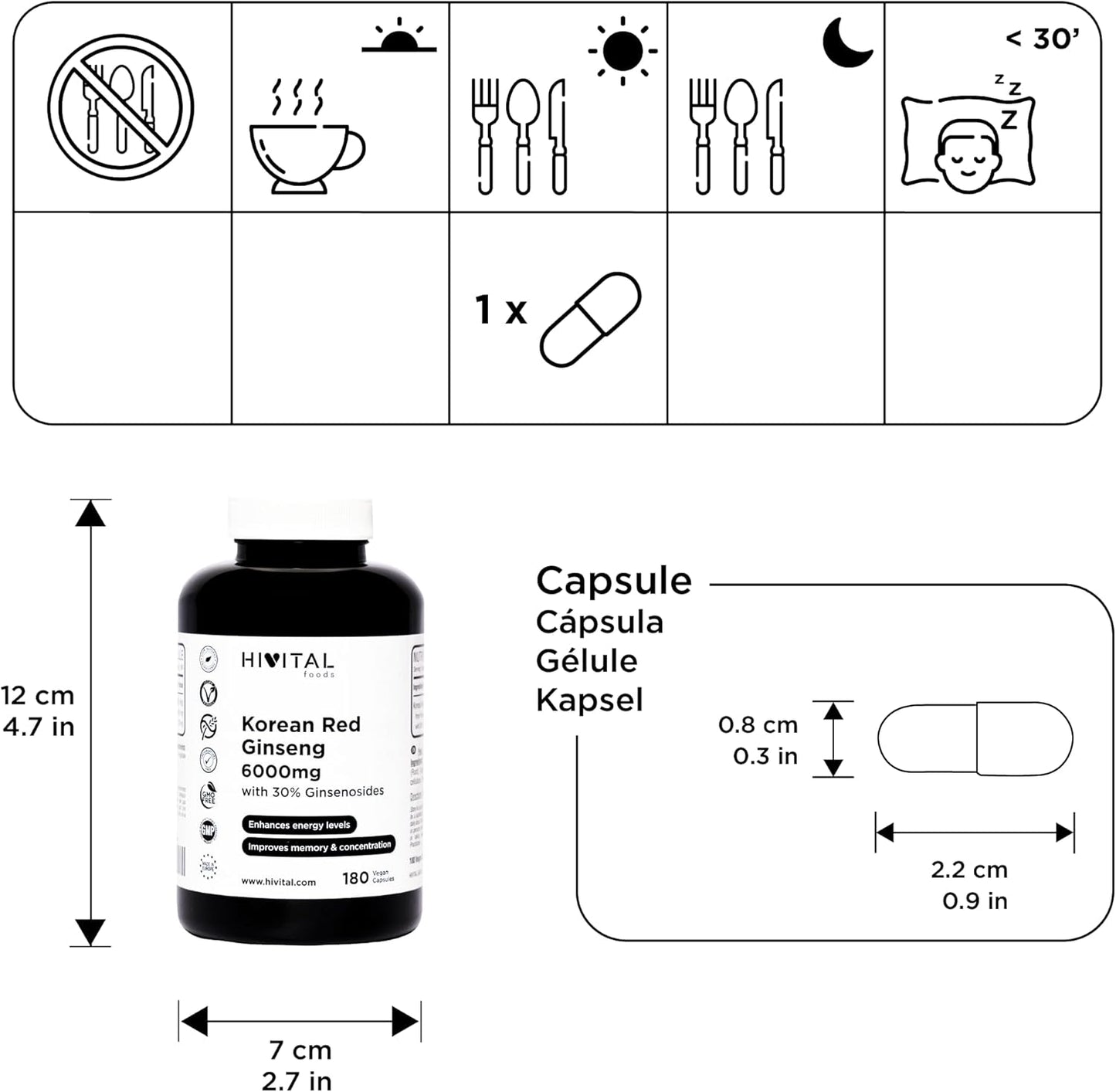 Ginseng Rojo Coreano 6000 Mg. 180 Cápsulas Veganas Para 6 Meses De Tratamiento. Extracto Natural De Raíz 15:1 Con Un 30% De Ginsenosidos Por Cápsula. Fabricado En España Por HIVITAL