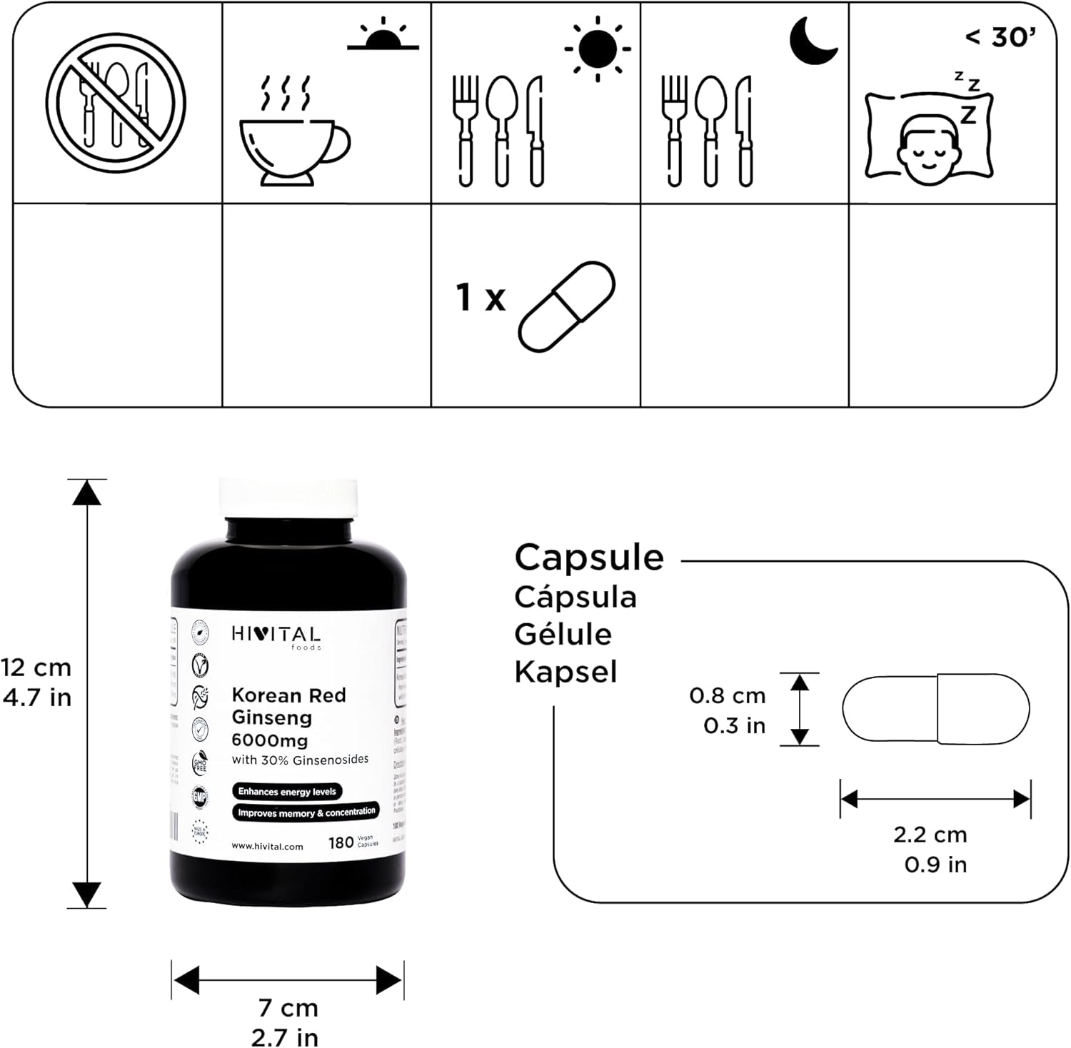 Ginseng Rojo Coreano 6000 Mg. 180 Cápsulas Veganas Para 6 Meses De Tratamiento. Extracto Natural De Raíz 15:1 Con Un 30% De Ginsenosidos Por Cápsula. Fabricado En España Por HIVITAL