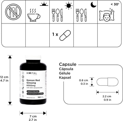 Ginseng Rojo Coreano 6000 Mg. 180 Cápsulas Veganas Para 6 Meses De Tratamiento. Extracto Natural De Raíz 15:1 Con Un 30% De Ginsenosidos Por Cápsula. Fabricado En España Por HIVITAL