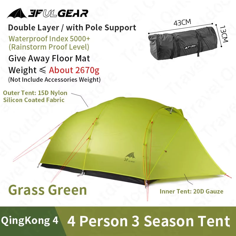 Qingkong 4 Camping Tent Ultralight Portable 15D/210T Large Space 3/4 Season 4 People Tent Outdoor Travel Hiking Tents