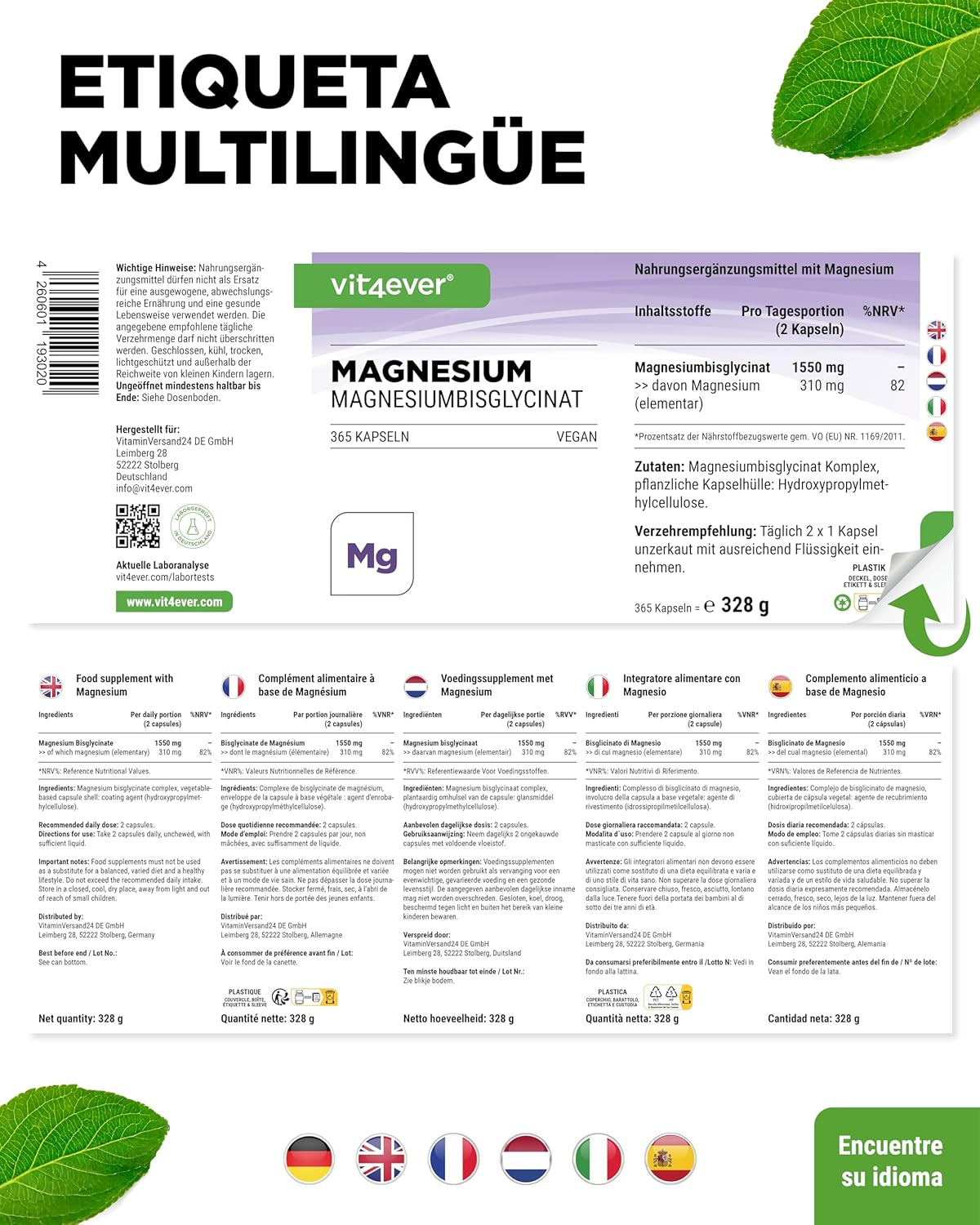 Bisglicinato De Magnesio - 365 Cápsulas - Premium: Magnesio Quelado - 155 Mg De Magnesio Elemental Por Cápsula - Vegano - Fórmula De Alta Dosis