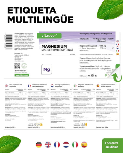 Bisglicinato De Magnesio - 365 Cápsulas - Premium: Magnesio Quelado - 155 Mg De Magnesio Elemental Por Cápsula - Vegano - Fórmula De Alta Dosis