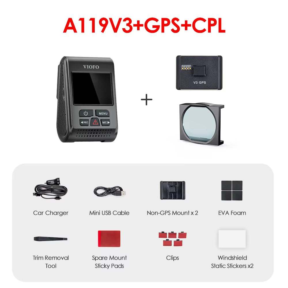 A119 V3 Car Dash Cam with GPS and CPL, accessories included.