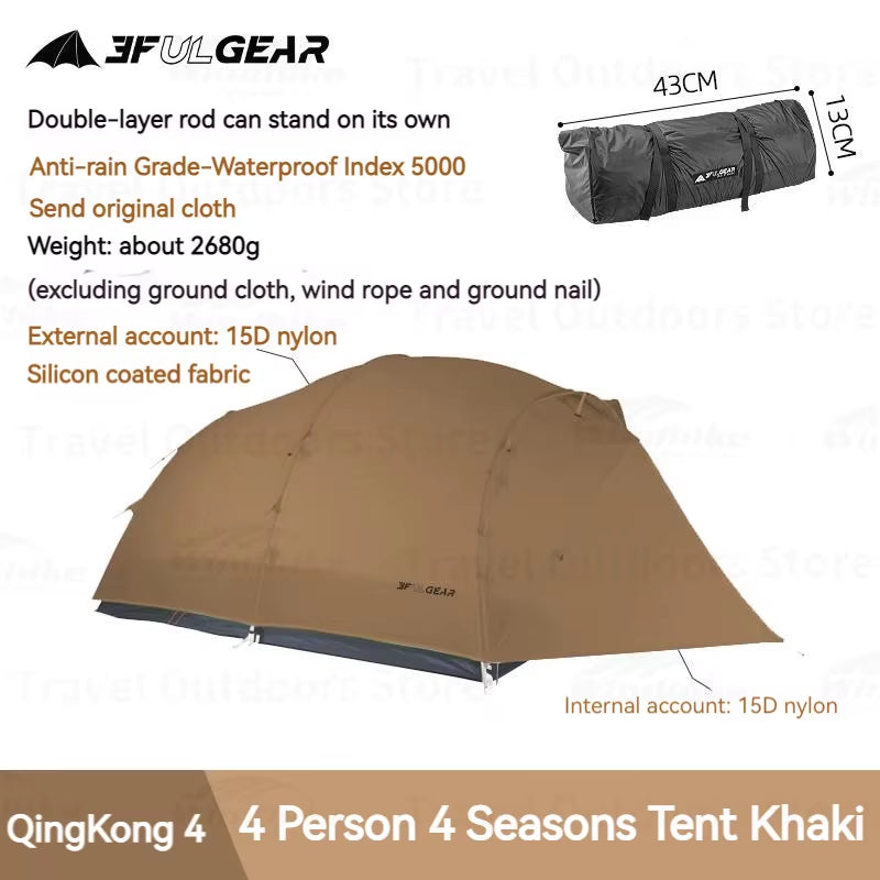 Qingkong 4 Camping Tent Ultralight Portable 15D/210T Large Space 3/4 Season 4 People Tent Outdoor Travel Hiking Tents