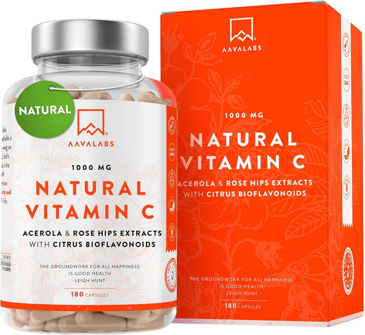 Natural Vitamin C 1000 mg with Acerola and Citrus Bioflavonoids, 180 veggie capsules, gluten-free.
