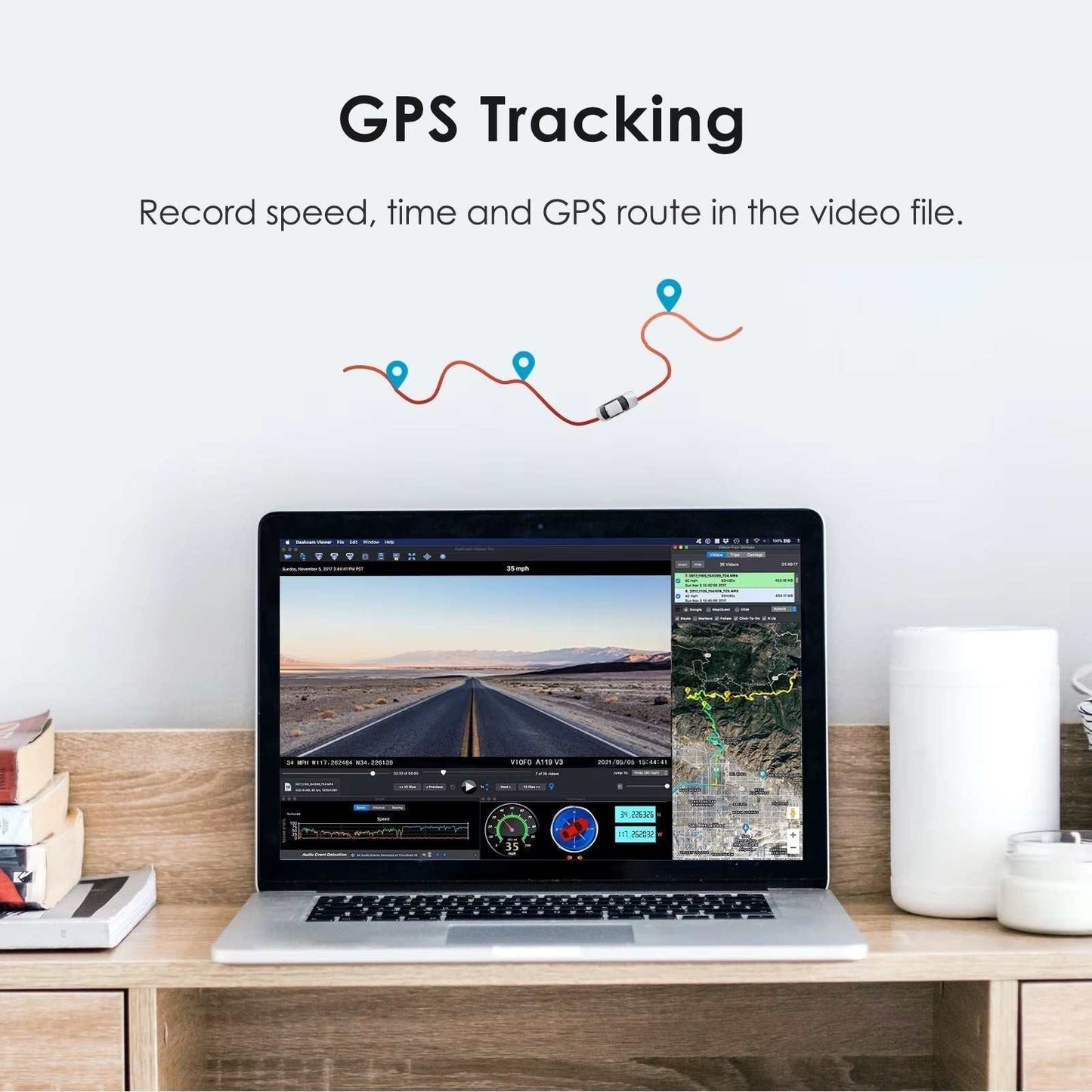 GPS tracking feature of car dash cam displaying speed, time, and route data on a laptop screen.