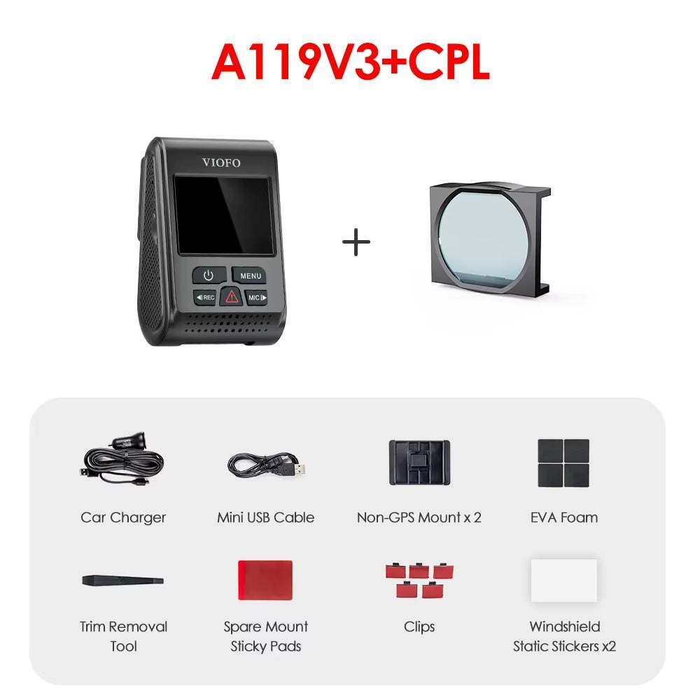 A119 V3 2K 60Fps Car Dash Cam with CPL filter and accessories displayed.