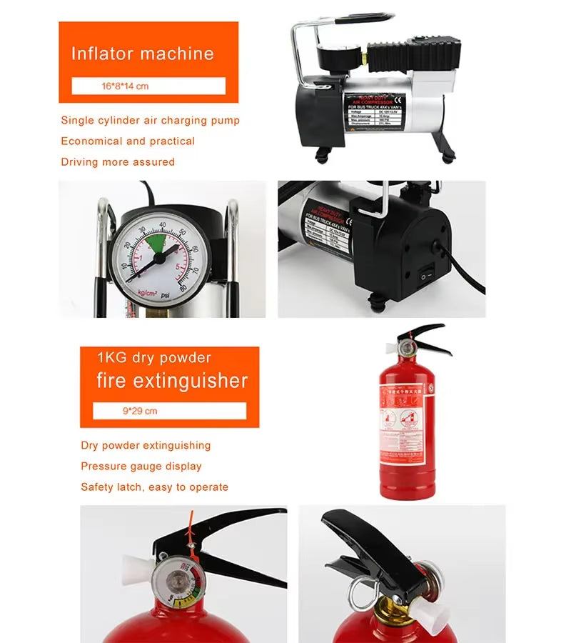 13 in 1 Car Emergency Kit with Tyre Inflator Machine Extinguisher for Emergency Repair and Rescue