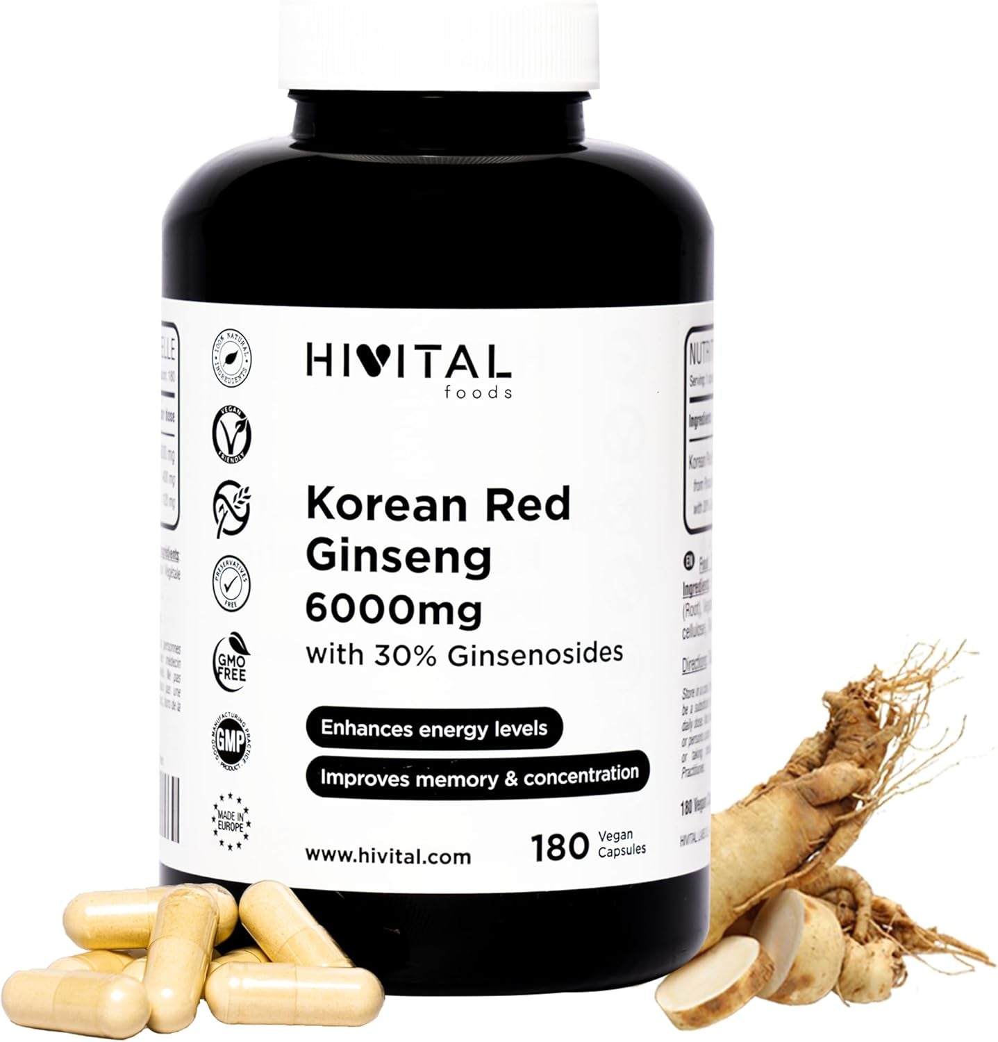 Korean Red Ginseng 6000 mg 180 vegan capsules by HIVITAL, natural root extract, 30% ginsenosides, Spain.