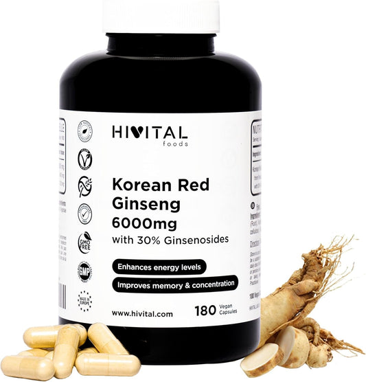 Korean Red Ginseng 6000 mg 180 vegan capsules by HIVITAL, natural root extract, 30% ginsenosides, Spain.